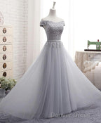 Gray A Line Lace Off Shoulder Prom Dresses, Lace Evening Dresses