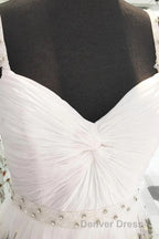 White Straps Floor Length Long Prom Dresses with Lace Flowers Formal Dresses