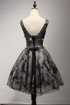 V Neck Short Black Lace Homecoming Prom Dress, Short Prom Dresses