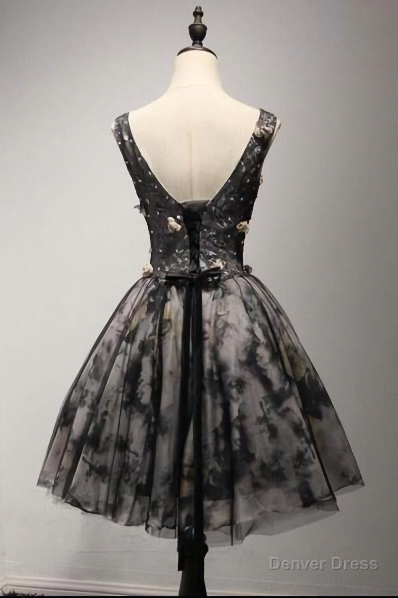 V Neck Short Black Lace Homecoming Prom Dress, Short Prom Dresses