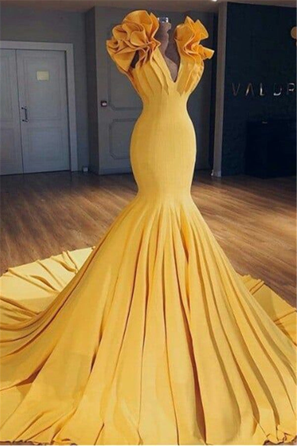 Ginger Yellow Fit And Flare Prom Dresses Ruffles Court Train Wholesale Evening Gowns Main image