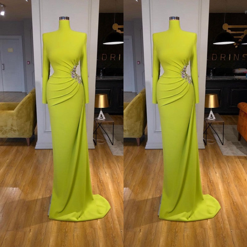 Ginger Yellow High-Neck Long-Sleeves Metallic Beaded Mermaid Prom Dress