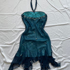 Blue Floral Beaded Short Halter Chiffon Homecoming Dress Birthday Prom Dresses