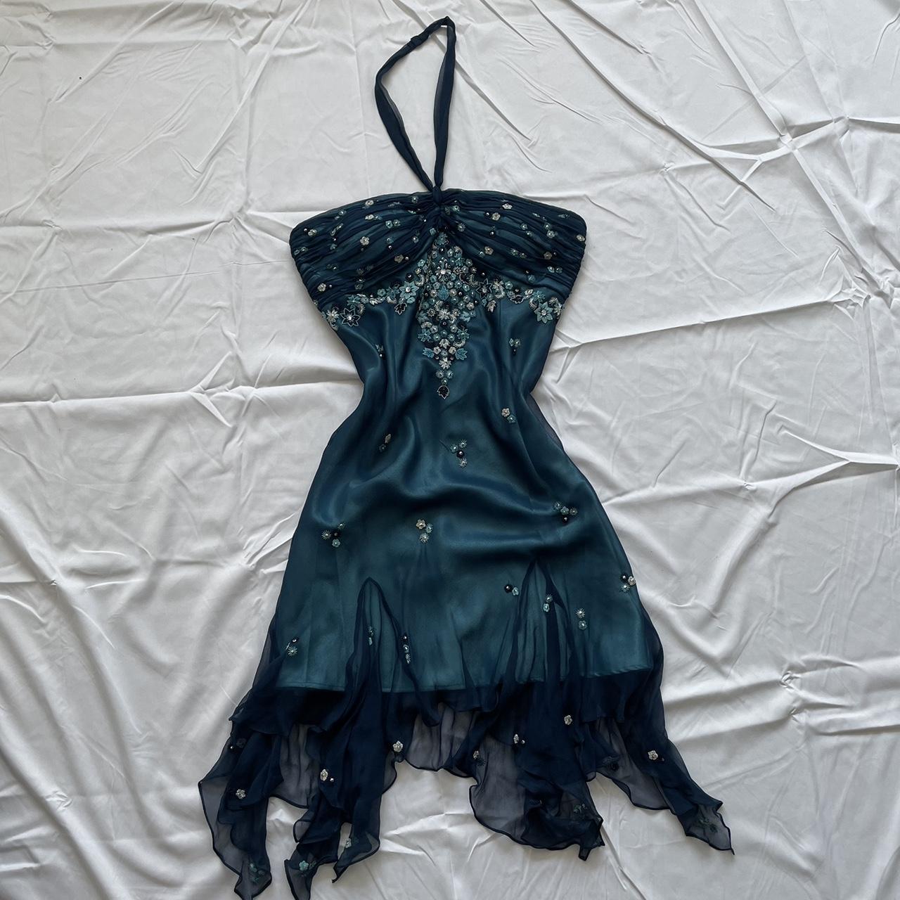 Blue Floral Beaded Short Halter Chiffon Homecoming Dress Birthday Prom Dresses
