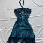 Blue Floral Beaded Short Halter Chiffon Homecoming Dress Birthday Prom Dresses