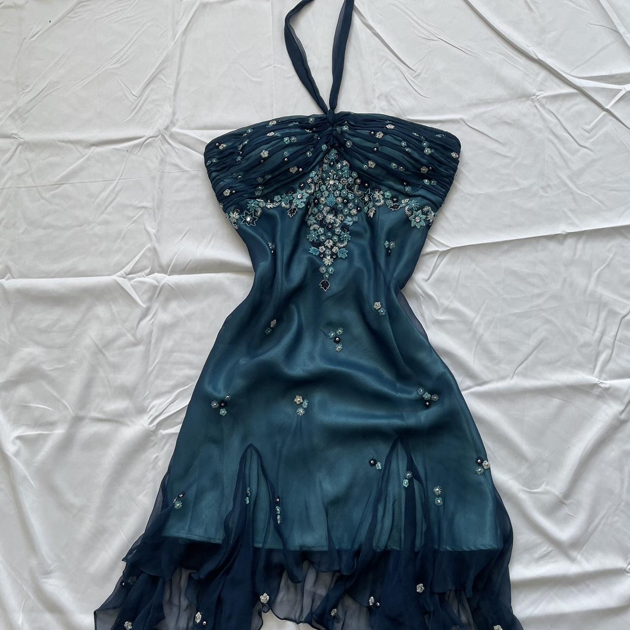Blue Floral Beaded Short Halter Chiffon Homecoming Dress Birthday Prom Dresses