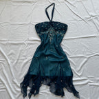 Blue Floral Beaded Short Halter Chiffon Homecoming Dress Birthday Prom Dresses
