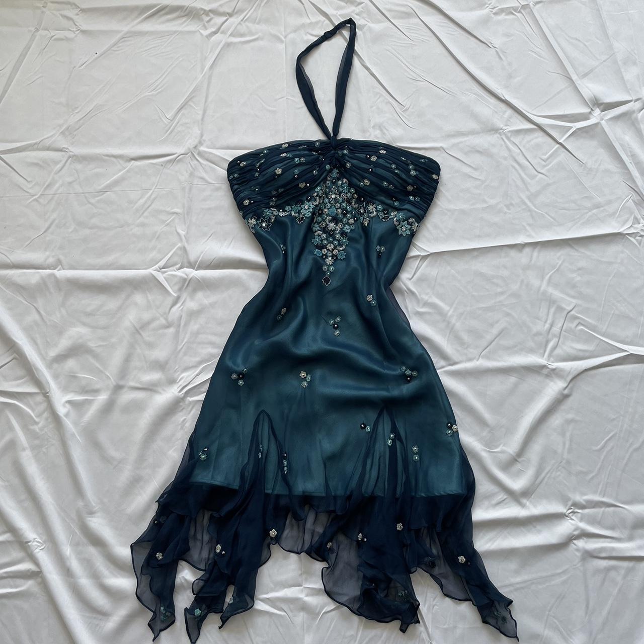 Blue Floral Beaded Short Halter Chiffon Homecoming Dress Birthday Prom Dresses