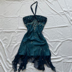 Blue Floral Beaded Short Halter Chiffon Homecoming Dress Birthday Prom Dresses