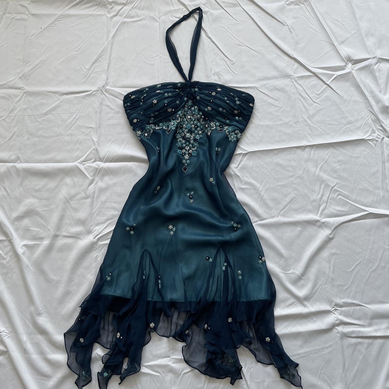 Blue Floral Beaded Short Halter Chiffon Homecoming Dress Birthday Prom Dresses