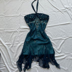 Blue Floral Beaded Short Halter Chiffon Homecoming Dress Birthday Prom Dresses