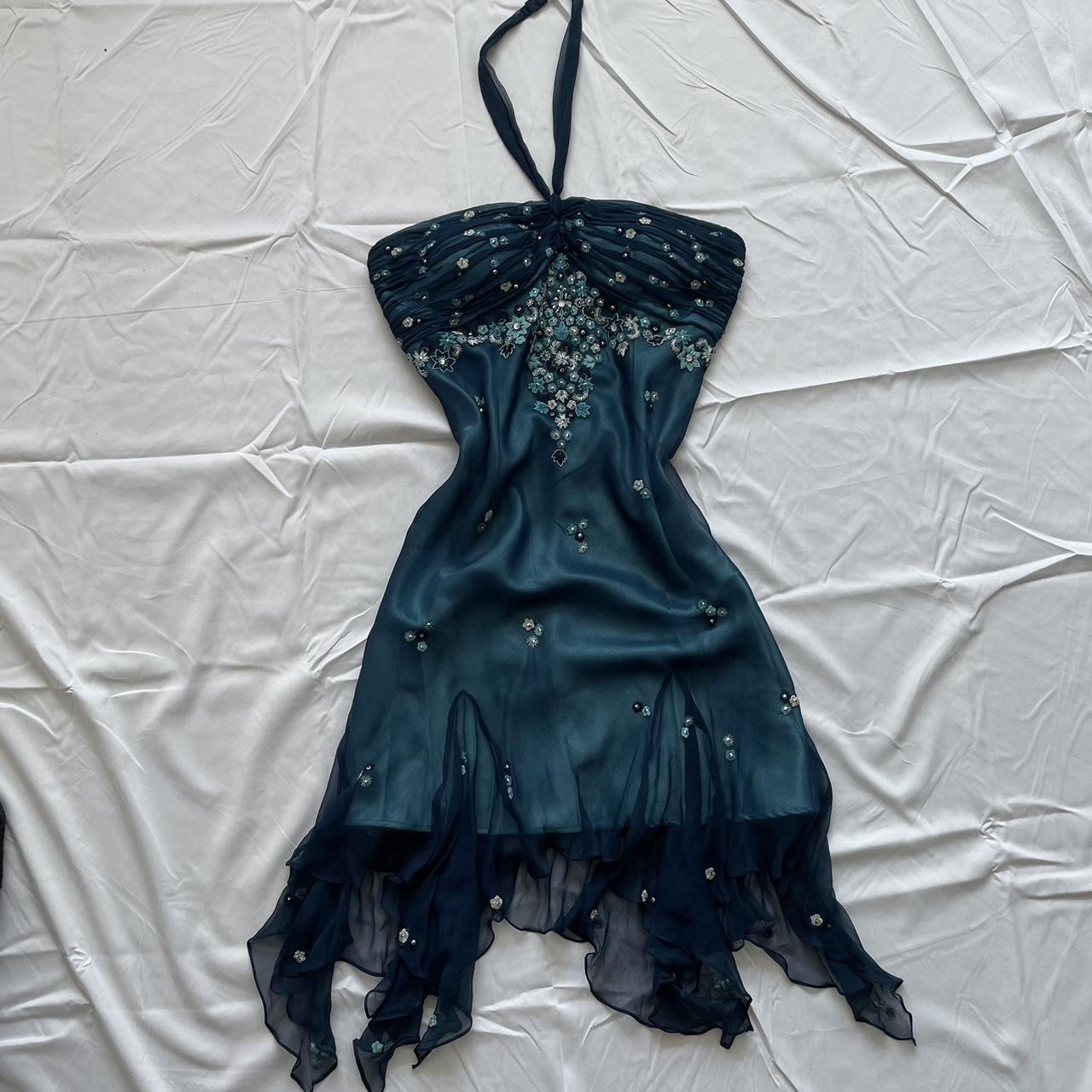 Blue Floral Beaded Short Halter Chiffon Homecoming Dress Birthday Prom Dresses