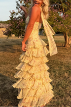 Yellow Floral Long Chiffon Prom Dress Wedding Guest Dresses