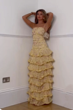 Yellow Floral Long Chiffon Prom Dress Wedding Guest Dresses