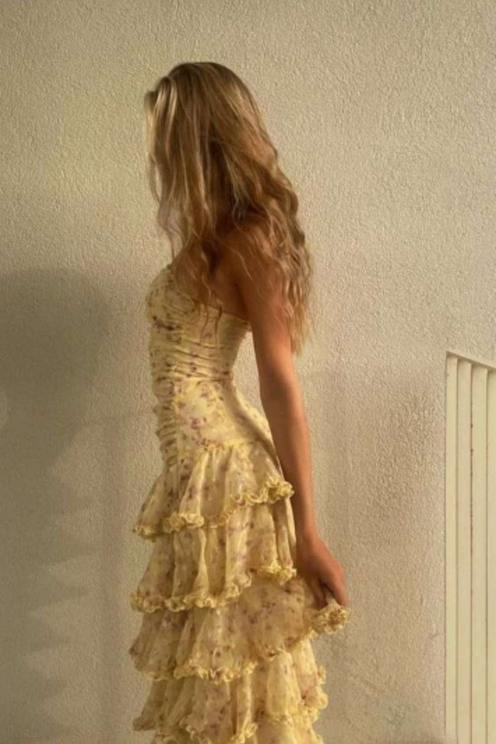 Yellow Floral Long Chiffon Prom Dress Wedding Guest Dresses