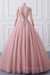 Girls Sequins V neck Dusty Rose Prom Dresses A-line Tulle Ball Gown Quinceanera Dresses Sweet 16 Party Dresses