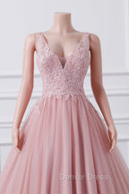 Girls Sequins V neck Dusty Rose Prom Dresses A-line Tulle Ball Gown Quinceanera Dresses Sweet 16 Party Dresses