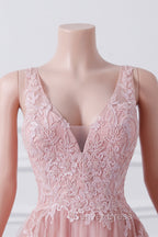 Girls Sequins V neck Dusty Rose Prom Dresses A-line Tulle Ball Gown Quinceanera Dresses Sweet 16 Party Dresses