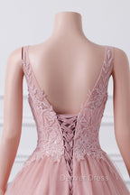 Girls Sequins V neck Dusty Rose Prom Dresses A-line Tulle Ball Gown Quinceanera Dresses Sweet 16 Party Dresses