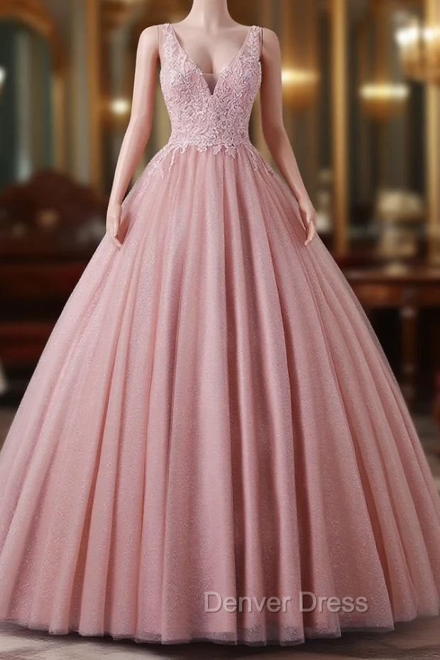 Girls Sequins V neck Dusty Rose Prom Dresses A-line Tulle Ball Gown Quinceanera Dresses Sweet 16 Party Dresses Main image