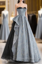 Glam A-line Blue-Grey Sweetheart Long Party Dresses, Floor Length Tulle Prom Dresses Formal Dresses