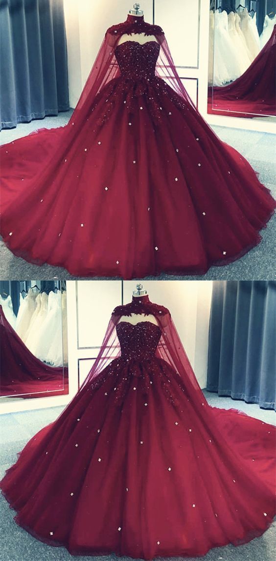 Glam Ball Gowns Quinceanera Dress Lace Applique Beaded Cape, Wine Red Prom Dresses Prom Gown Secondary image
