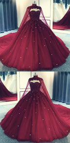 Glam Ball Gowns Quinceanera Dress Lace Applique Beaded Cape, Wine Red Prom Dresses Prom Gown