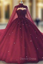 Glam Ball Gowns Quinceanera Dress Lace Applique Beaded Cape, Wine Red Prom Dresses Prom Gown