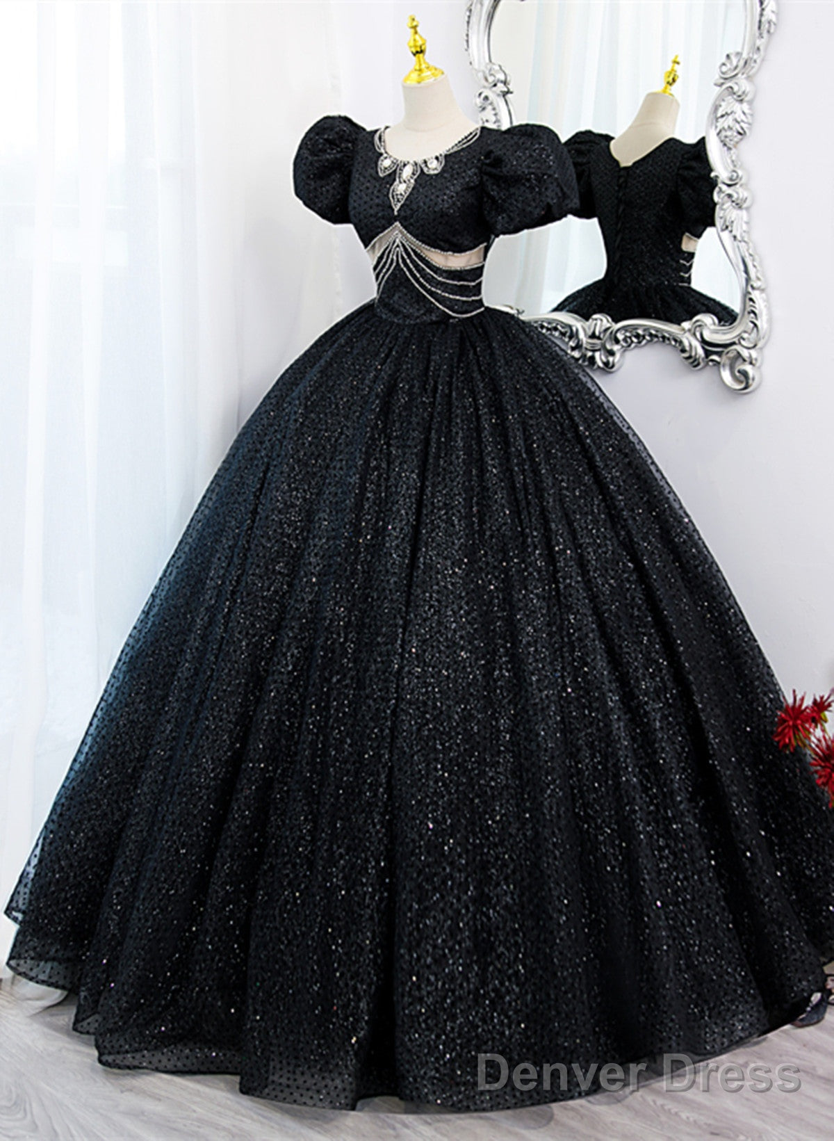 Glam Black Tulle Beaded Short Sleeves Prom Dress, Black Tulle Formal Dress Sweet 16 Dress Secondary image