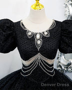 Glam Black Tulle Beaded Short Sleeves Prom Dress, Black Tulle Formal Dress Sweet 16 Dress