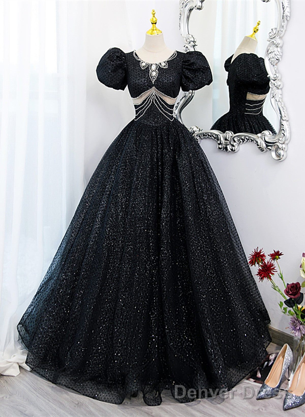 Glam Black Tulle Beaded Short Sleeves Prom Dress, Black Tulle Formal Dress Sweet 16 Dress