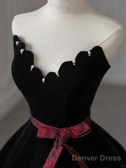 Glam Black V-Neckline Velvet Lace-Up Party Dress, Black Velvet Floor Length Prom Dress