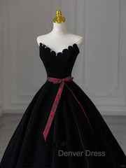Glam Black V-Neckline Velvet Lace-Up Party Dresses, Black Velvet Floor Length Prom Dresses