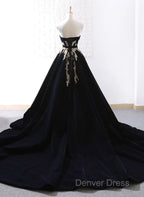 Glam Black Velvet Long Formal Gown With Gold Lace, Black Velvet Prom Dresses Evening Dresses