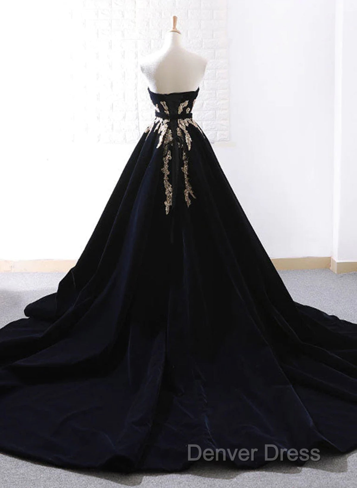 Glam Black Velvet Long Formal Gown With Gold Lace, Black Velvet Prom Dresses Evening Dresses