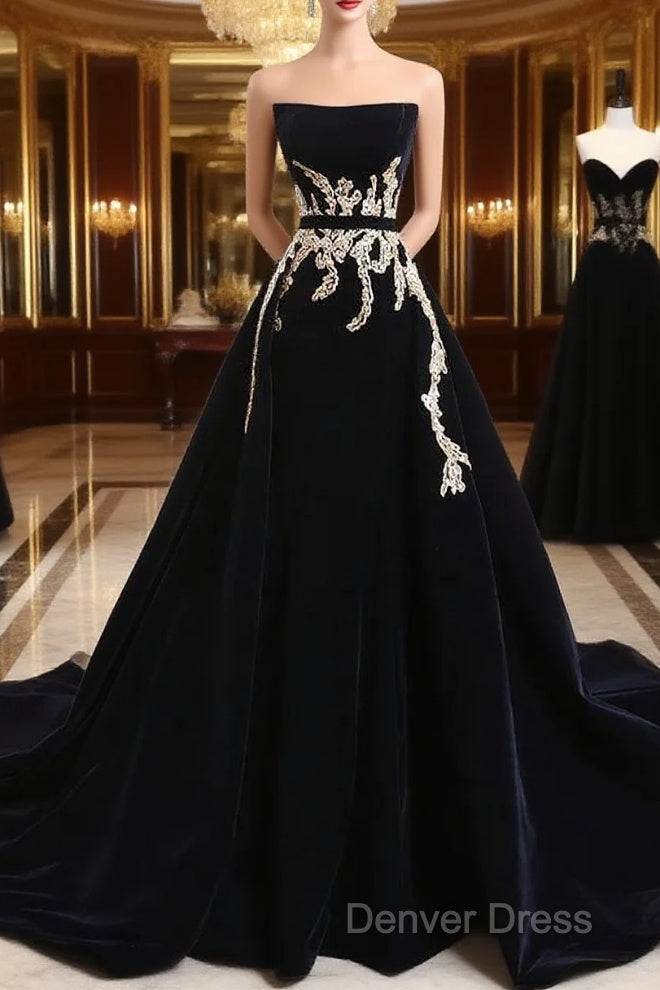 Glam Black Velvet Long Formal Gown With Gold Lace, Black Velvet Prom Dresses Evening Dresses Main image