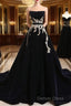 Glam Black Velvet Long Formal Gown With Gold Lace, Black Velvet Prom Dresses Evening Dresses