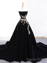Glam Black Velvet Long Formal Gown With Gold Lace, Black Velvet Prom Dress Evening Dress