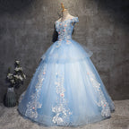 Glam Blue Ball Gowns Tulle with Lace and Flowers Sweet 16 Dress, Blue Prom Dresses