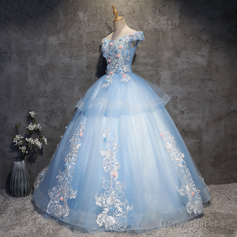 Glam Blue Ball Gowns Tulle with Lace and Flowers Sweet 16 Dress, Blue Prom Dresses