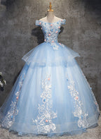 Glam Blue Ball Gowns Tulle with Lace and Flowers Sweet 16 Dress, Blue Prom Dresses