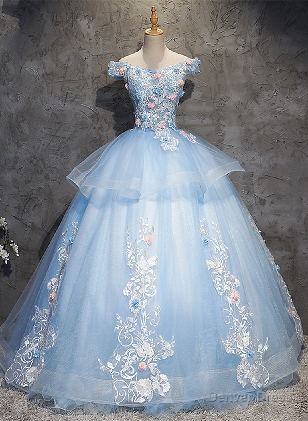 Glam Blue Ball Gowns Tulle with Lace and Flowers Sweet 16 Dress, Blue Prom Dresses