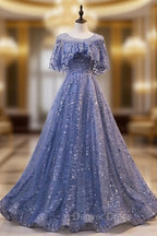 Glam Blue Off Shoulder Lace-up Long Evening Dressess Party Dresses, Blue Wedding Party Dresses Prom Dresses