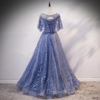 Glam Blue Off Shoulder Lace-up Long Evening Dressess Party Dresses, Blue Wedding Party Dresses Prom Dresses