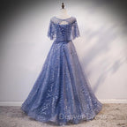 Glam Blue Off Shoulder Lace up Long Prom Dresss Prom Dress, Blue Wedding Prom Dress