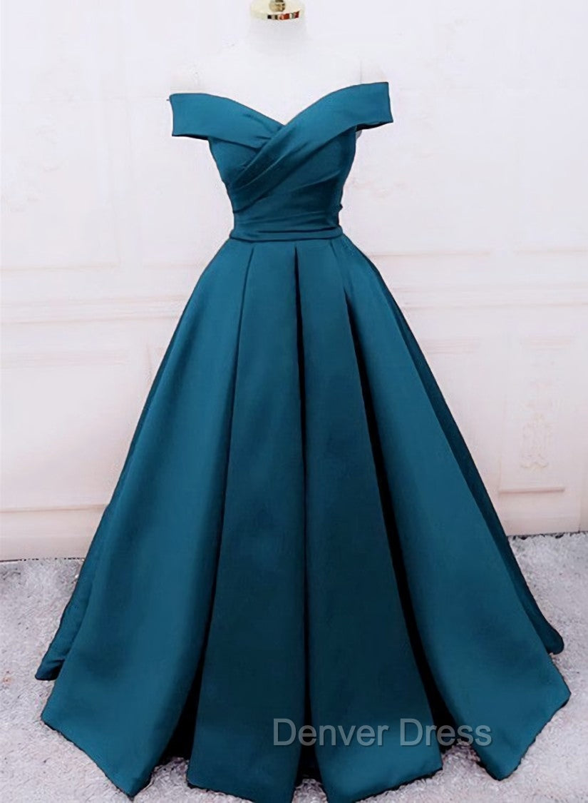 Glam Blue Satin Long Off Shoulder Party Dresses, A-line Prom Dresses Main image