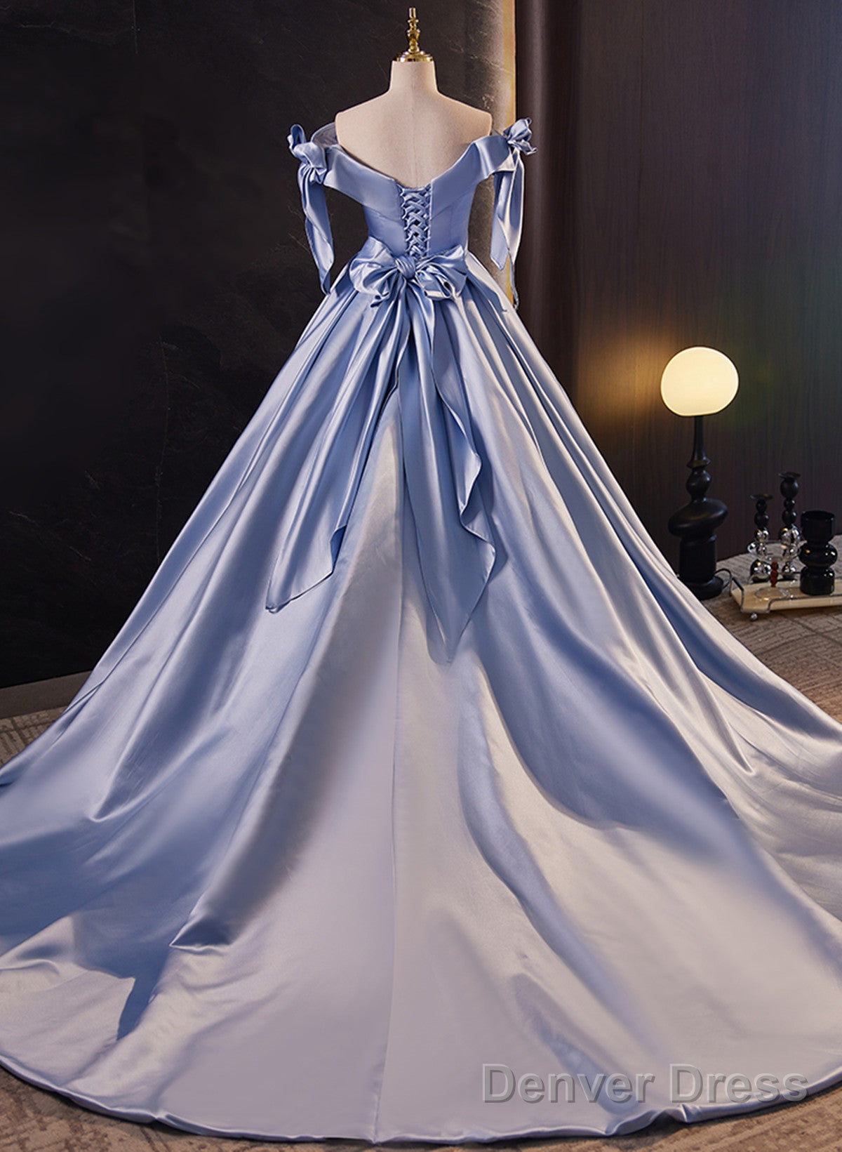Glam Blue Satin Off Shoulder Long Party Dress Formal Dress, Blue Sweet 16 Dress Secondary image