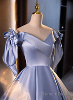 Glam Blue Satin Off Shoulder Long Prom Dress Prom Dress, Blue Sweet 16 Dresses