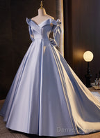 Glam Blue Satin Off Shoulder Long Prom Dress Prom Dress, Blue Sweet 16 Dresses