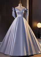 Glam Blue Satin Off Shoulder Long Prom Dress Prom Dress, Blue Sweet 16 Dresses